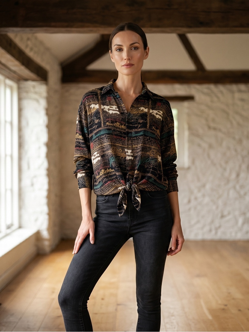 Goouch Single Needle Tailoring Blouse Eye Catching With Abstract Script Print